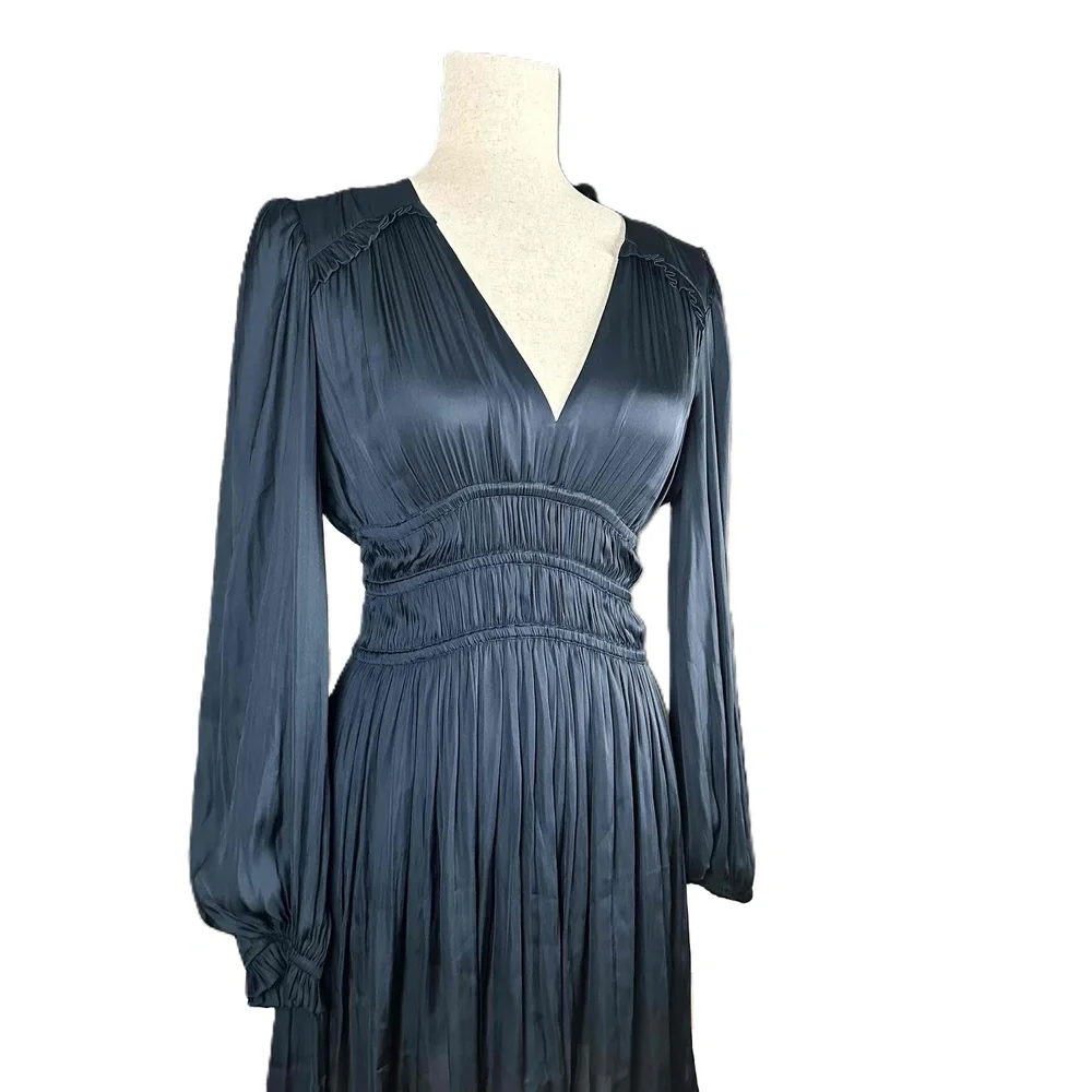 Maje Rianne Navy Satin Mini Dress Ruffled V Neck Long Sleeve Size 36 US 4 - Picture 5 of 9